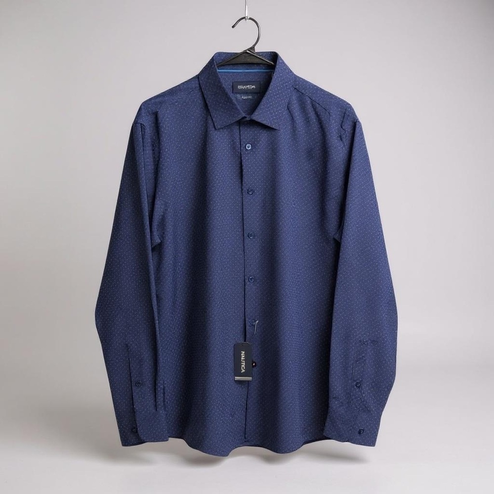 Nautica Men's Navy Polka Dot Dress‎ Shirt Size L 16-16.5 34/35
